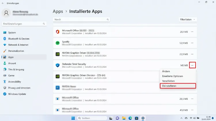 Antivirensoftware über die Einstellungen entfernen