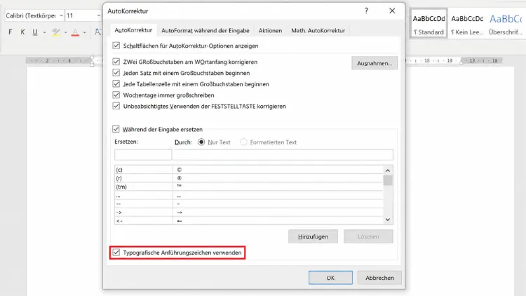 AutoKorrektur-Einstellungen in Word