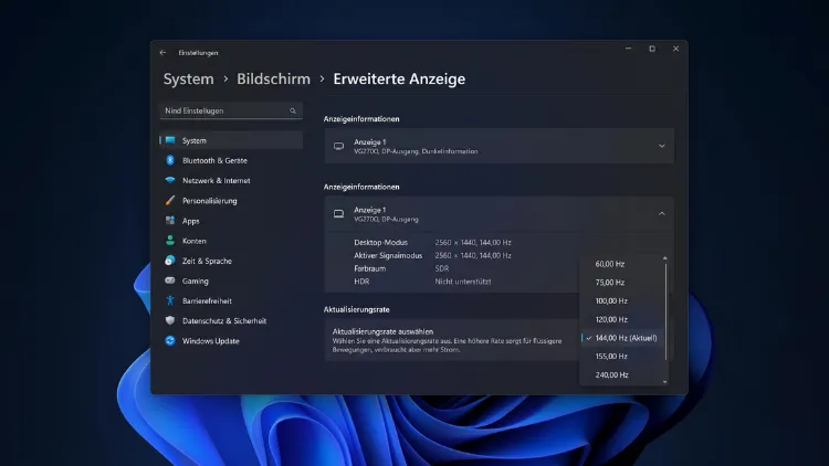 Bildwiederholrate in den Windows-Einstellungen prüfen