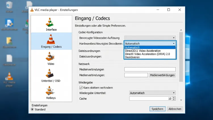 Einstellungsdialog von VLC mit geöffnetem Bereich „Eingang/Codecs"